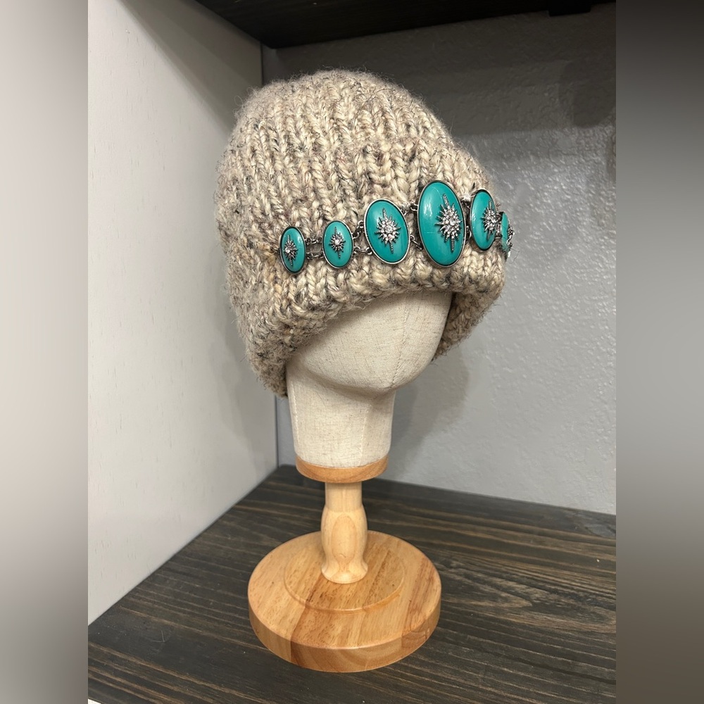 Beanie Hat Beige Grey Jeweled Knit Winter Rodeo‎ Coastal Cowgirl